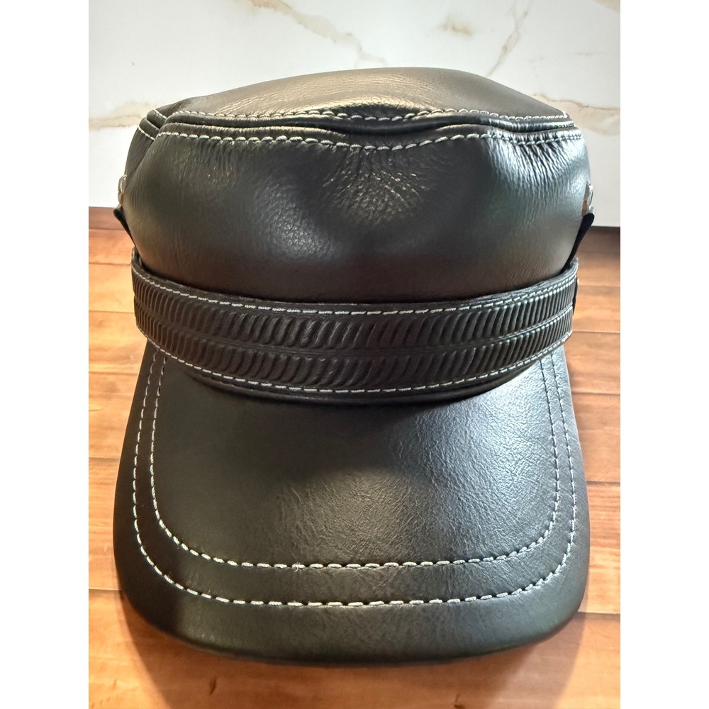 Apero Bullo Black Genuine Leather Cadet Military Cap Hat US 7 1/8